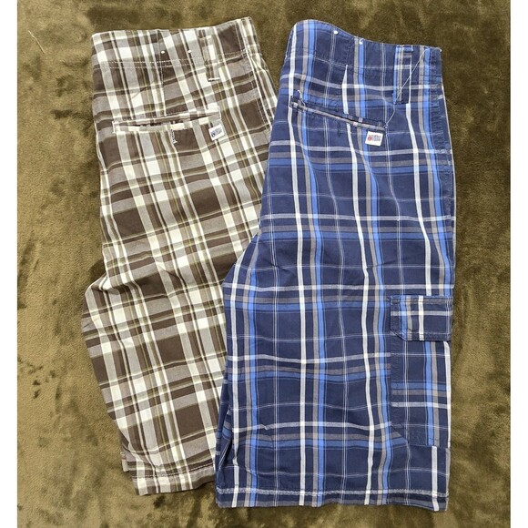 Men's Pacific Blue Lightweight Plaid Cargo Shorts 2 Pairs Brown Blue Size 32 - Picture 1 of 5